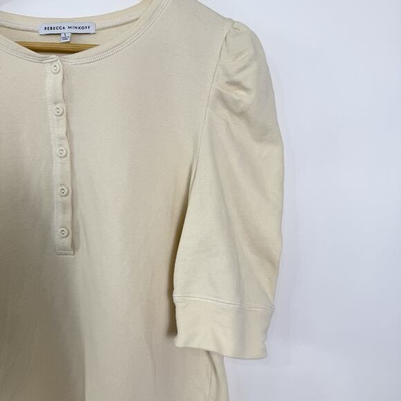 Rebecca Minkoff Janine Knit Henley Top Womens Size L Cream Puff Shoulders Cotton - Picture 3 of 6